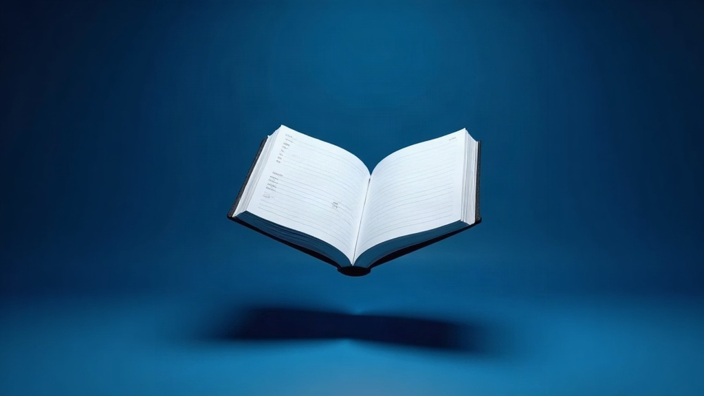Grand livre comptable ouvert en lévitation sur fond bleu nuit